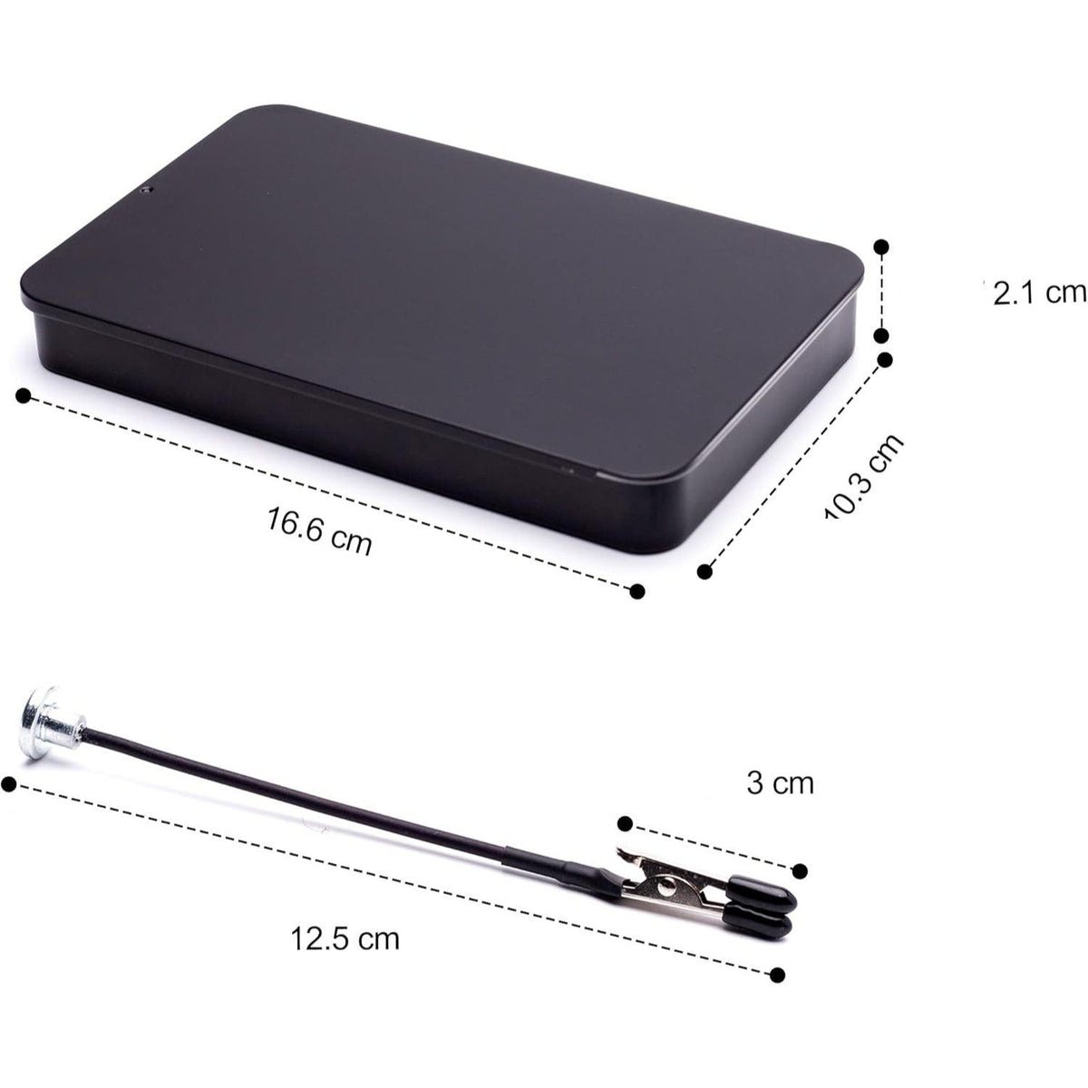 Die Maße des Terza Klemmhalters in Zentimetern: Box 16,6 x 10,3 x 2,1 cm, Stab 12,5 cm, Klemme 3 cm