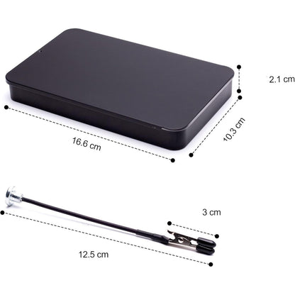 Die Maße des Terza Klemmhalters in Zentimetern: Box 16,6 x 10,3 x 2,1 cm, Stab 12,5 cm, Klemme 3 cm