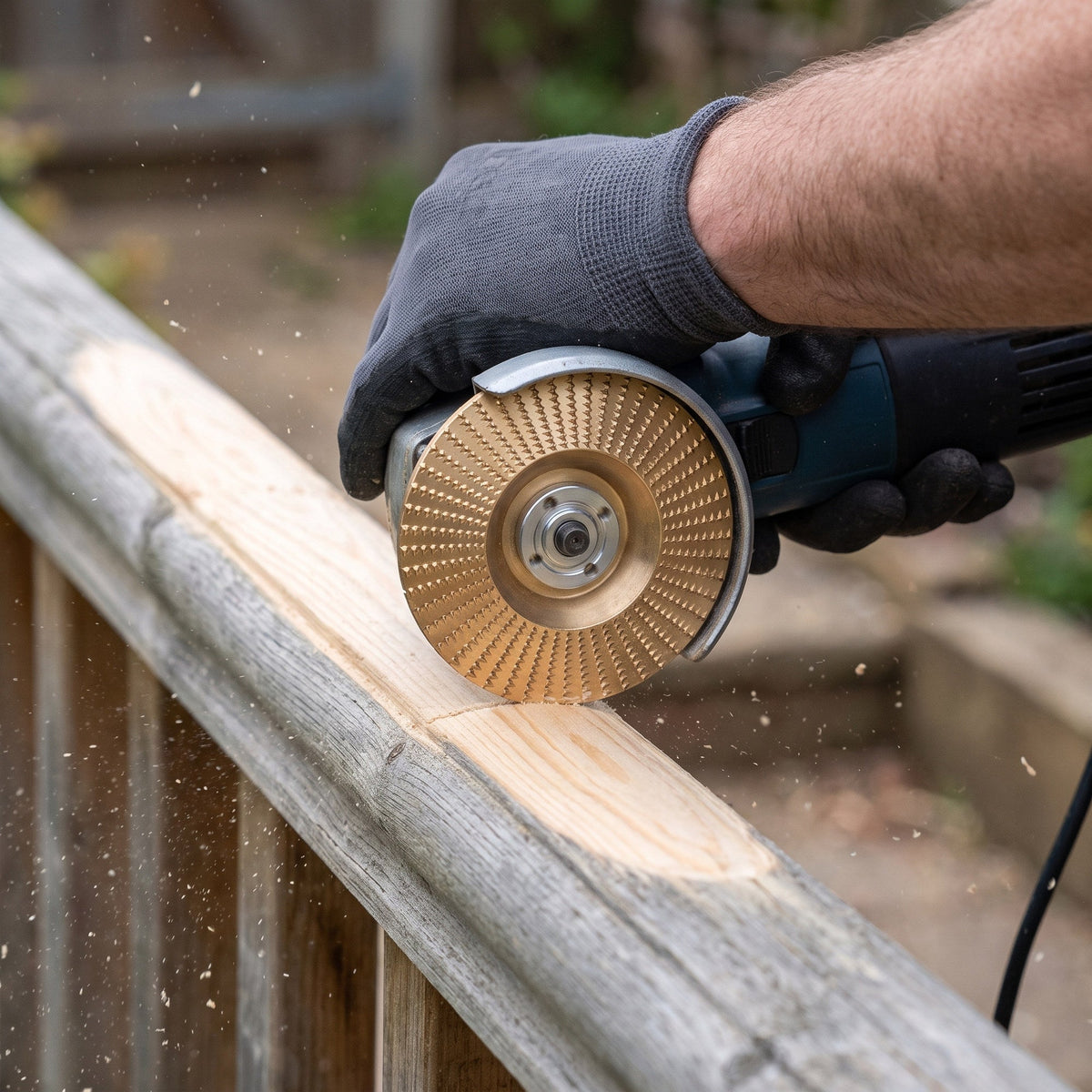 Die Scheibe nimmt die vergraute Schicht von einem Holzgeländer