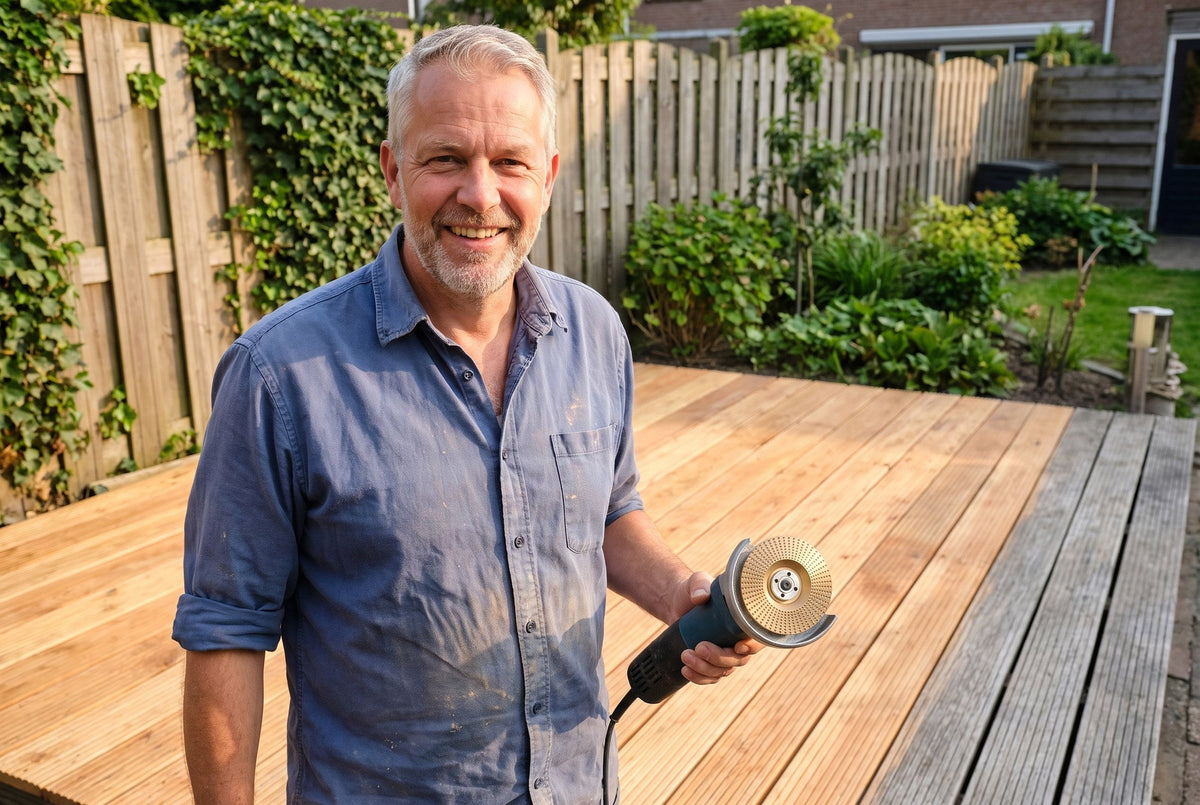 Die fertige Terrasse mit dem Winkelschleifer in der Hand