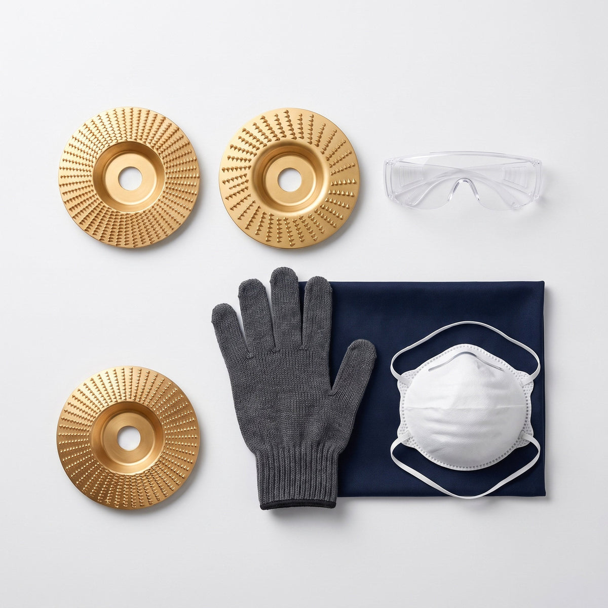 Das Set mit Schutzbrille, Handschuh und Staubmaske