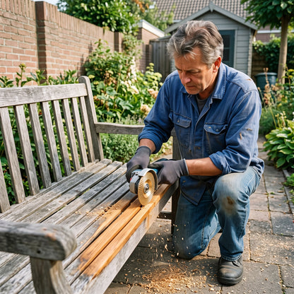 Verwitterte Gartenbank mit der Formscheibe aufarbeiten