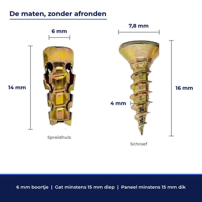 Maße: Hülse 14 mm, Schraube 16 mm, Kopf 7,8 mm, 6 mm Bohrer und Loch mindestens 15 mm tief