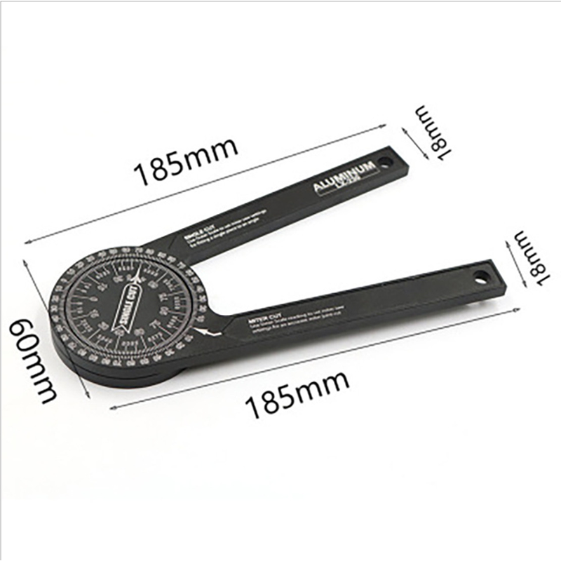 Maße des Gradia Gehrungswinkelmessers: Arme 185 mm, Breite 18 mm, Scheibe 60 mm