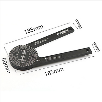 Maße des Gradia Gehrungswinkelmessers: Arme 185 mm, Breite 18 mm, Scheibe 60 mm